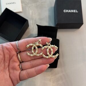 CHANEL Gold-Tone CC Drop Earrings with Pearls